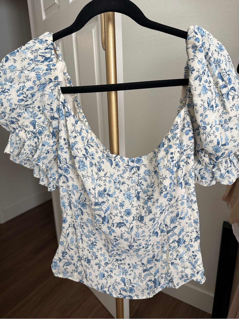 Reformation White Top with Blue Floral Puff Sleeves